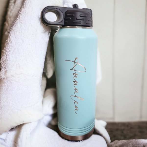 Personalized Laser Engraved Stainless Steel Water Bottle with Flip Top Lid:  Custom Tumblers & Cups – LuLu Grace