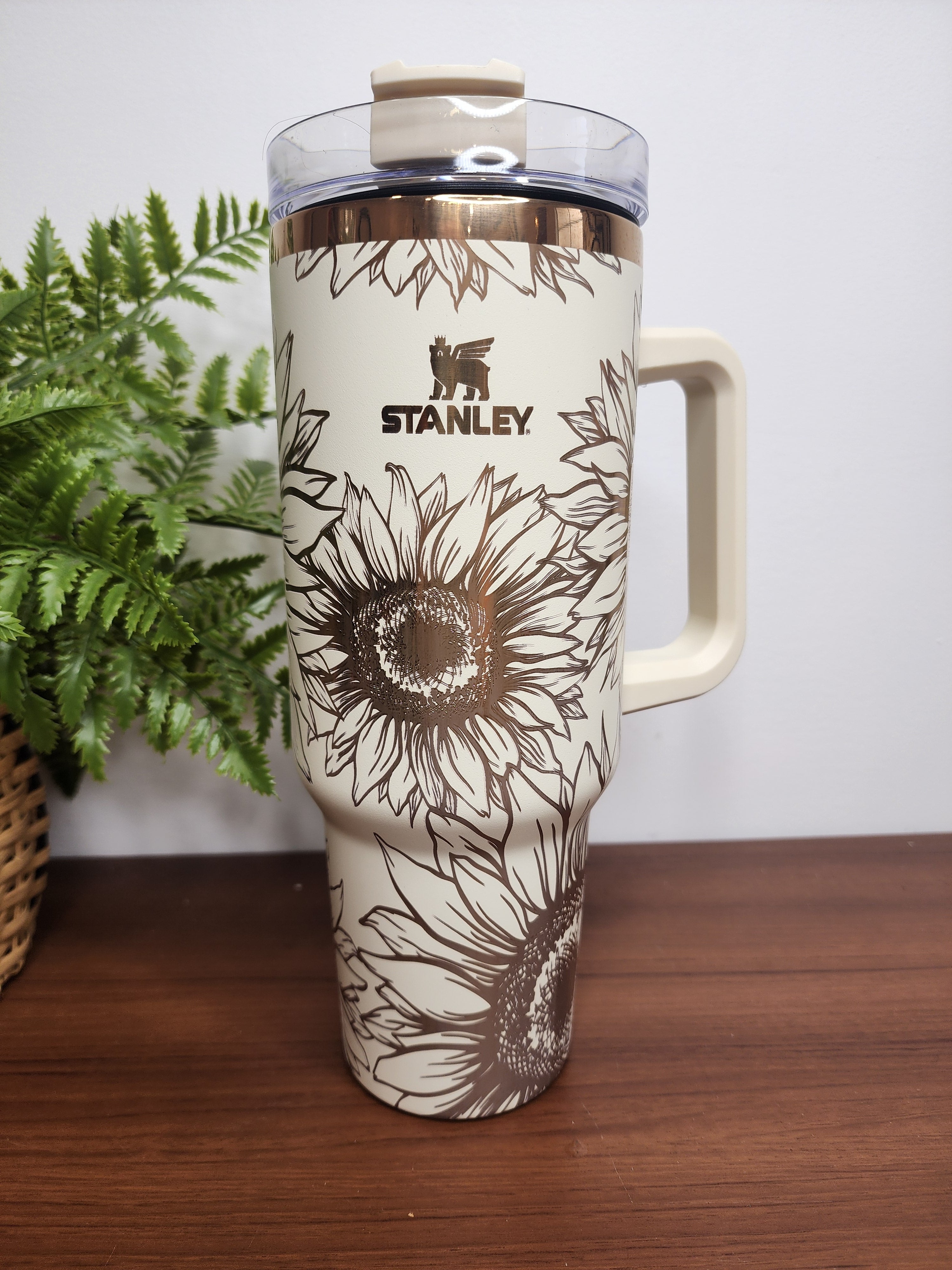 40 oz Sunflower Cream and Copper Laser Engraved Travel Tumblers with Handle