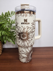 40 oz Sunflower Cream and Copper Laser Engraved Travel Tumblers with Handle