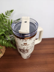 40 oz Sunflower Cream and Copper Laser Engraved Travel Tumblers with Handle