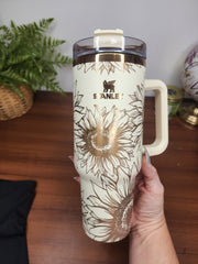 40 oz Sunflower Cream and Copper Laser Engraved Travel Tumblers with Handle