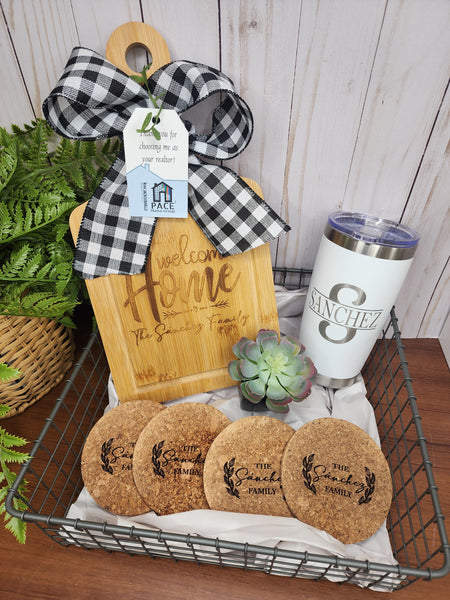 Customized Family Name Black Slate & Acacia Wood Coasters with