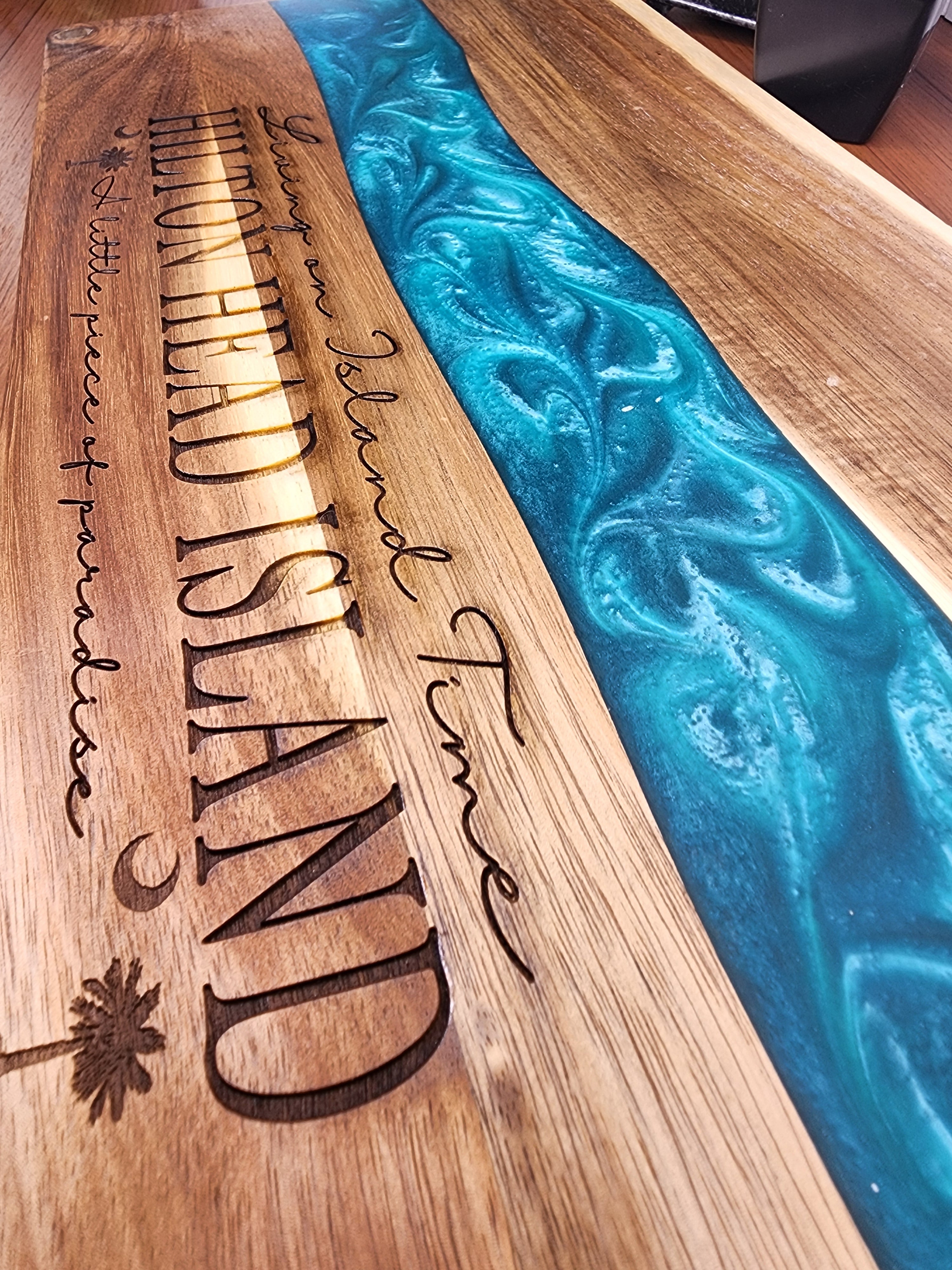 Living on Island Time Customized Blue Resin Serving/Charcuterie Board
