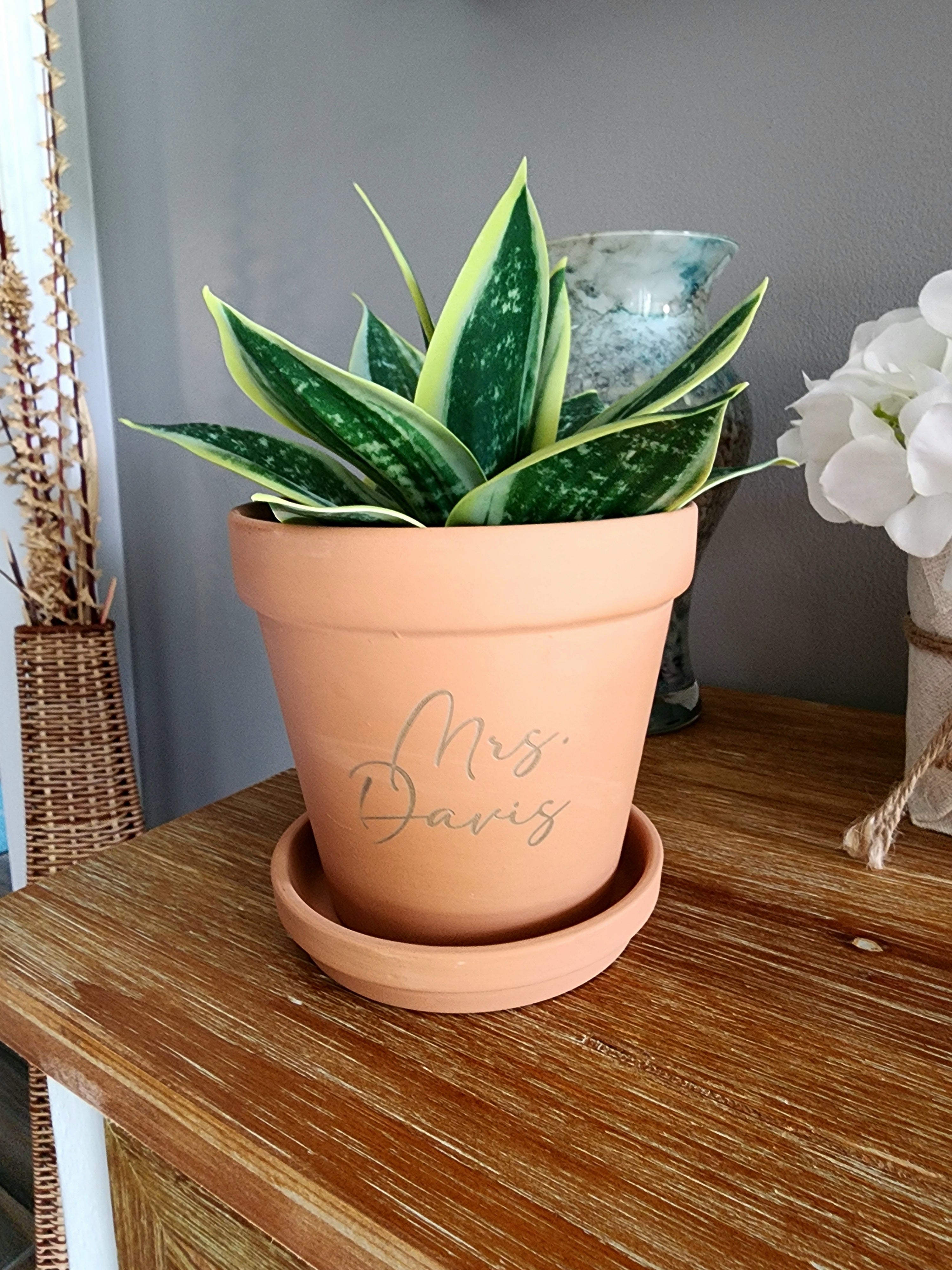 6 Inch Custom Engraved Terracotta Plant Pot with Saucer