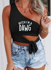 Bitch I'm A Dawg Glitter Georgia Knotted One Shoulder Top