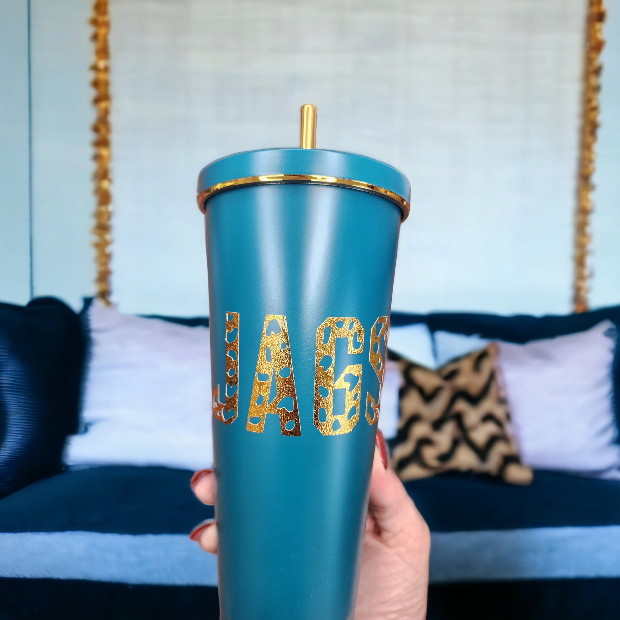 Jags Teal Textured Wording Tumbler With Gold Straw