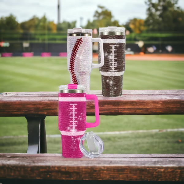 Cute Bling Rhinestone Football 40 oz Tumbler - with Lid and Straw, Bright Pink from BluChi