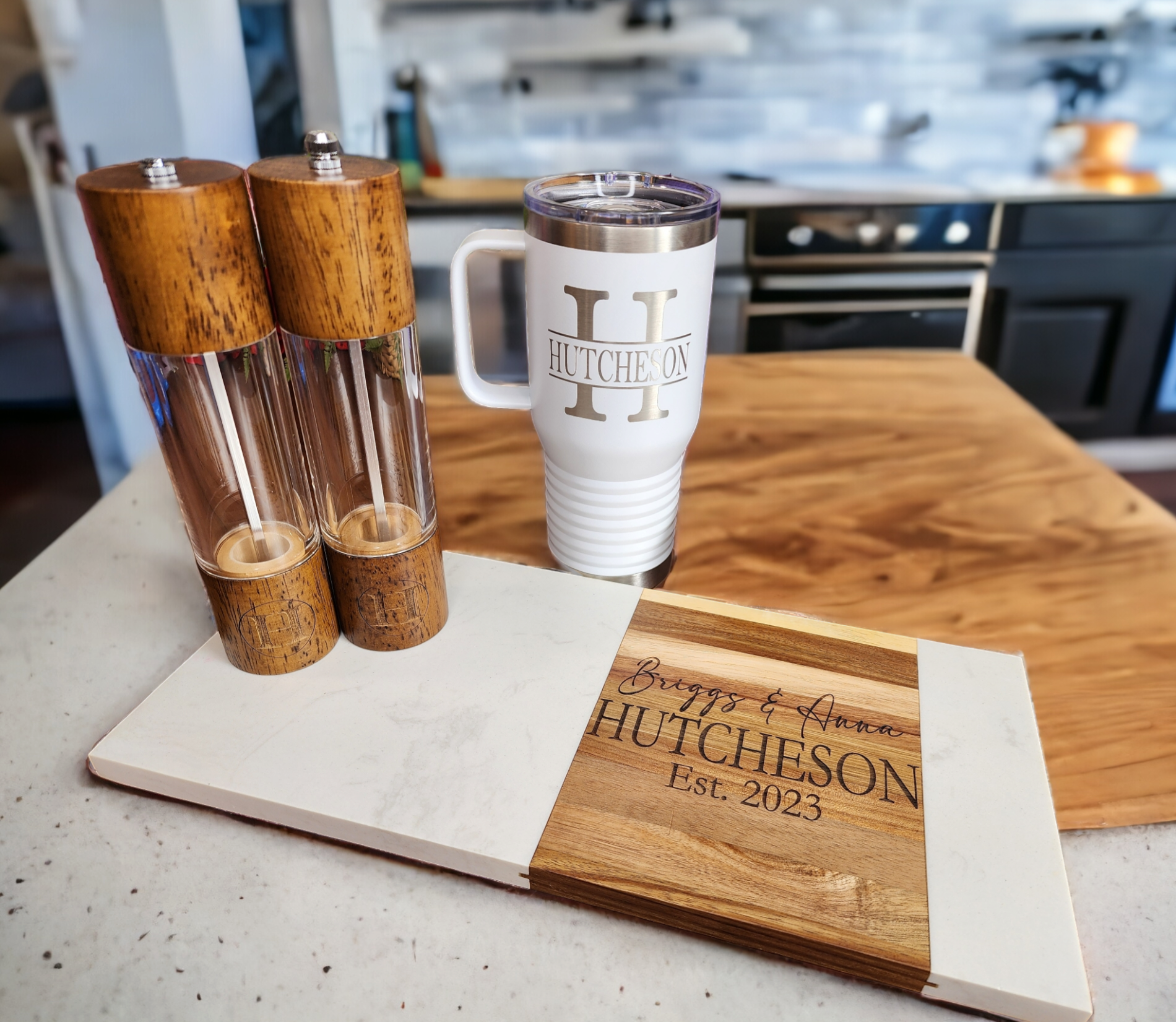 Custom Closing Gift Set- Acopa Marble and Acacia Wood with Salt and Pepper Grinders