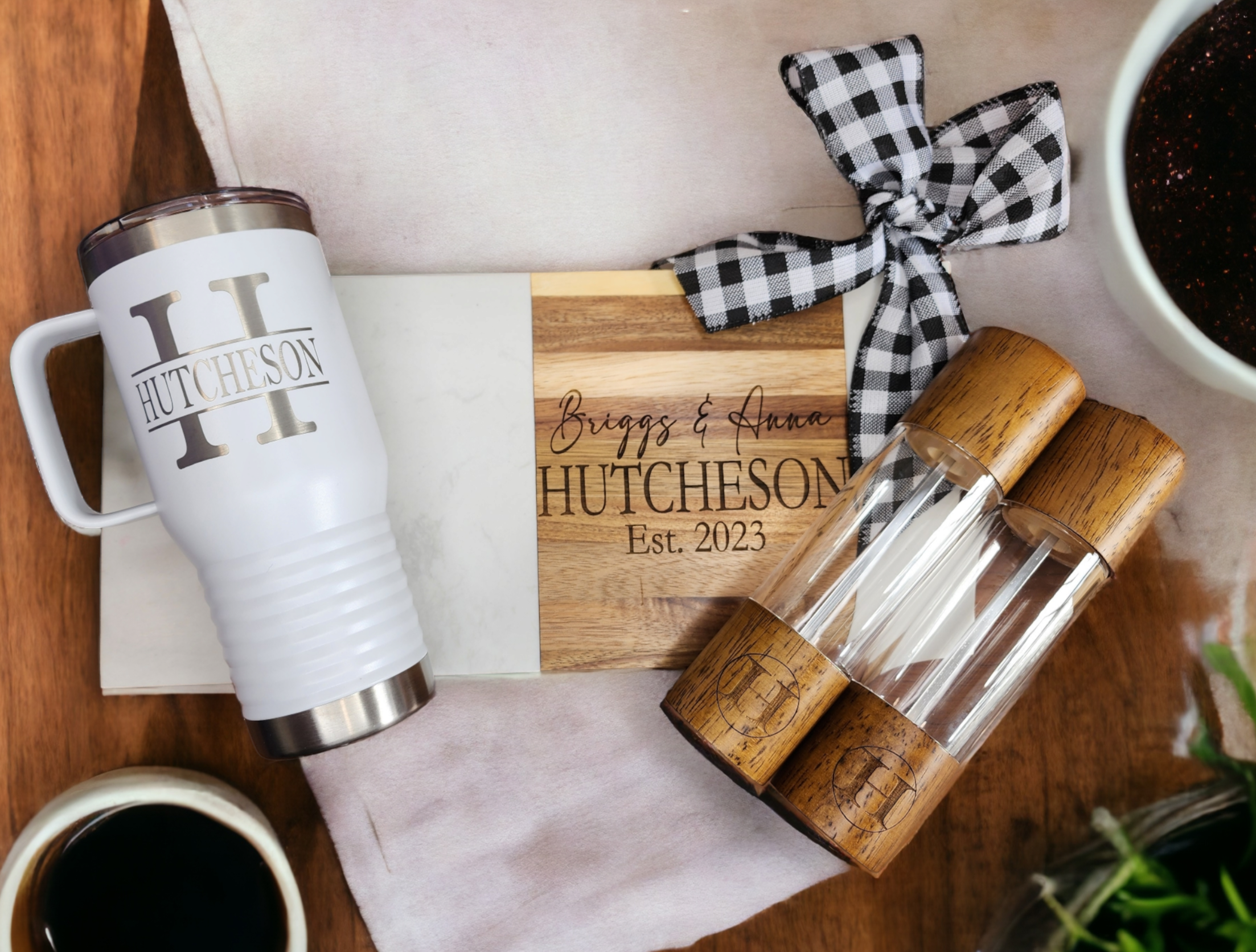 Custom Closing Gift Set- Acopa Marble and Acacia Wood with Salt and Pepper Grinders