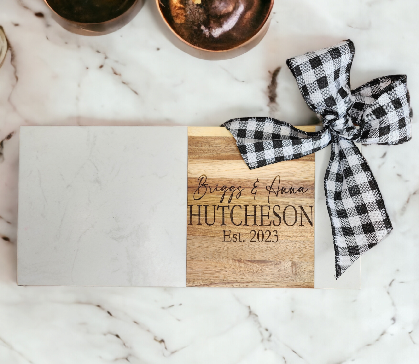 Custom Rectangular Acopa Marble and Acacia Wood Cutting/Serving Board
