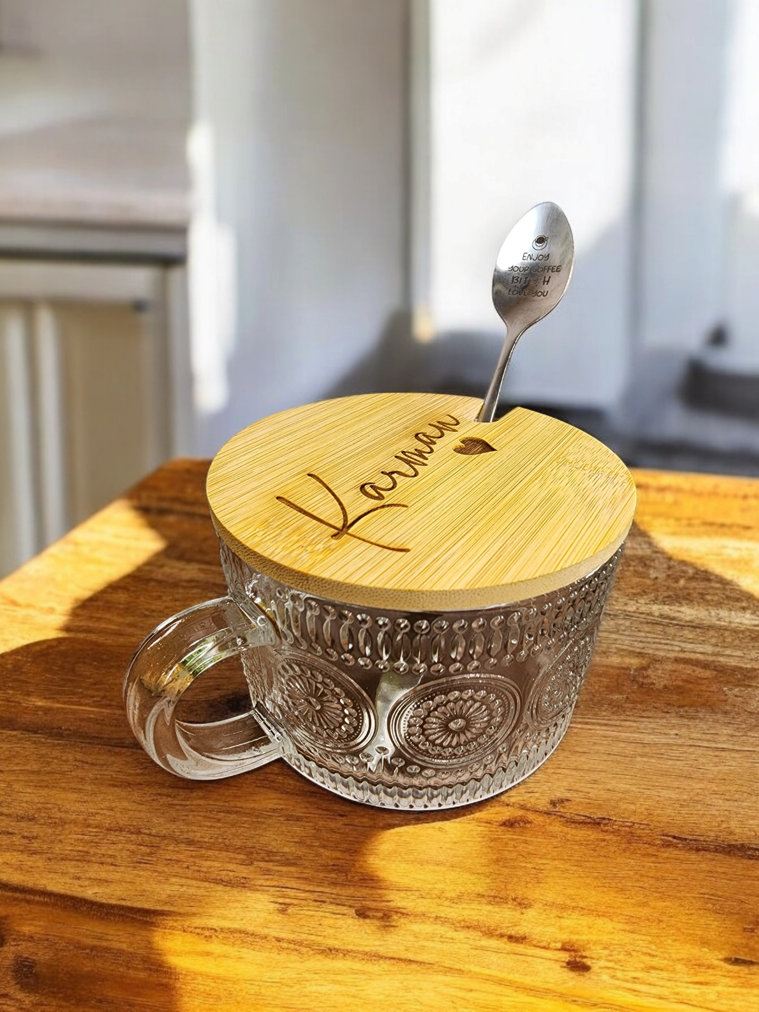 Vintage Laser Engraved Coffee Mug & Spoon