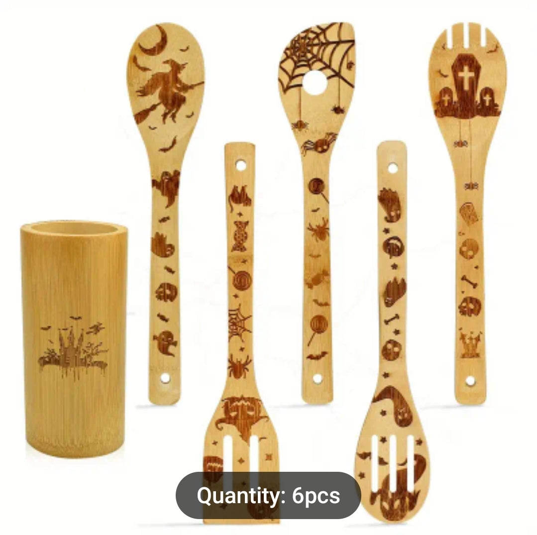 Halloween 6 Piece Wooden Cooking Utensil Set with Holder