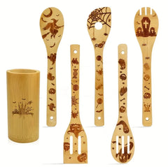 Halloween 6 Piece Wooden Cooking Utensil Set with Holder