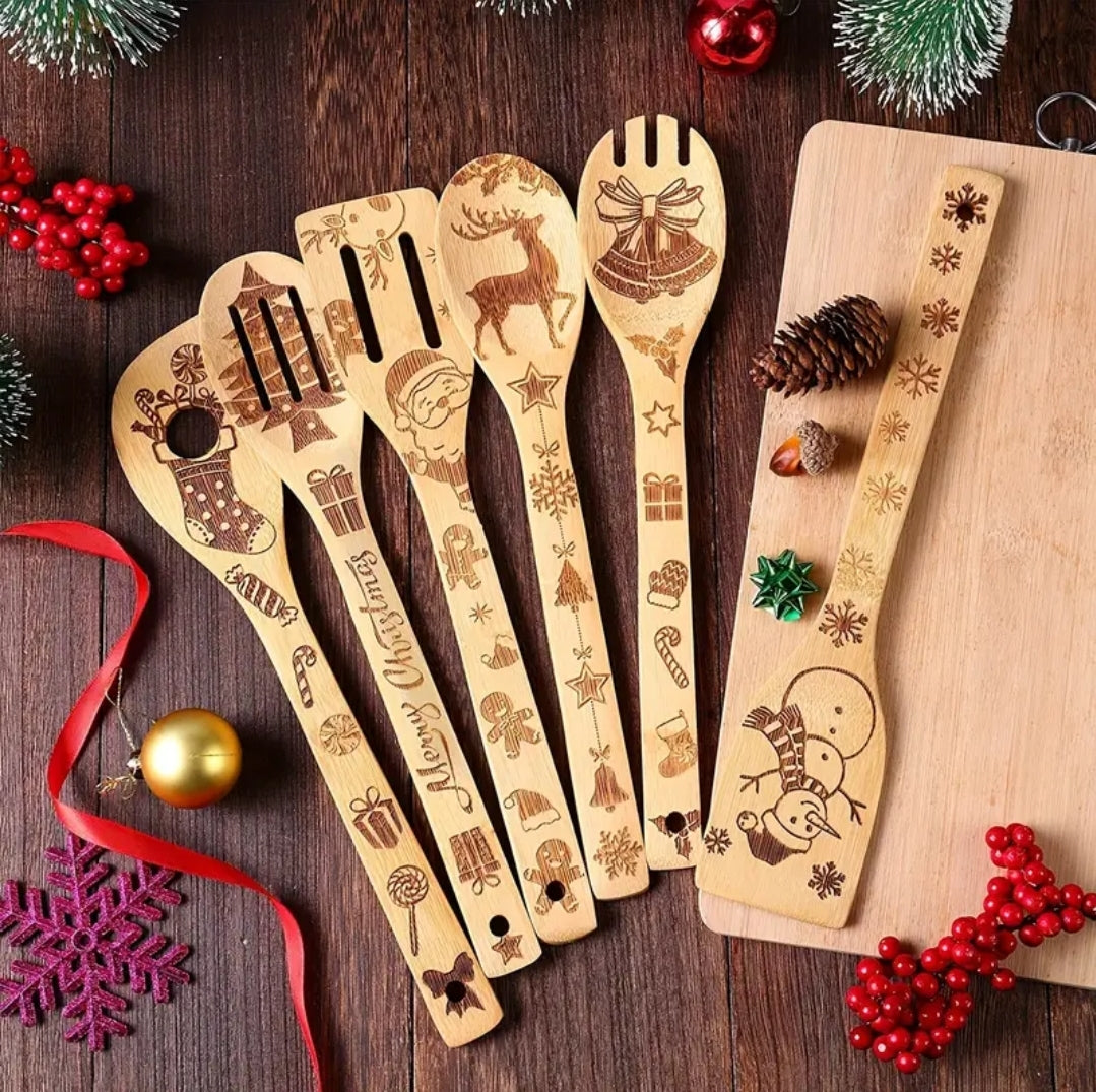 Christmas 5 Piece Bamboo Cooking Utensil Set