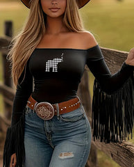Alabama Houndstooth Elephant Long Sleeve Fringe Top