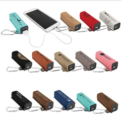 Custom Laser Engraved Leatherette 2200 mAh Power Bank with USB Cord and Carabiner