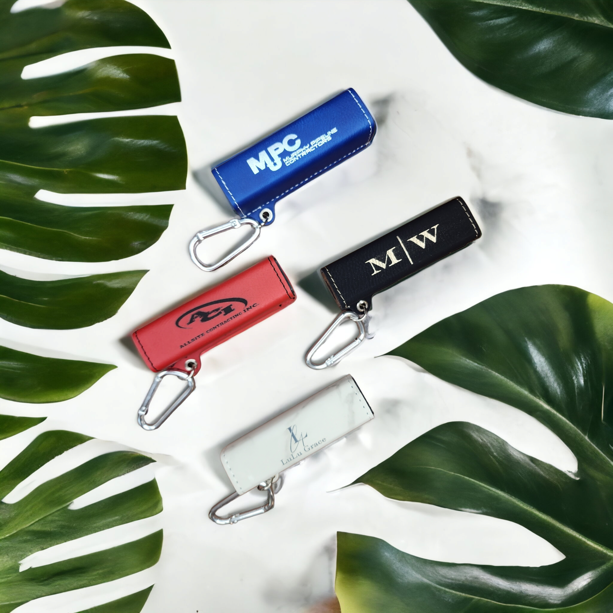 Custom Laser Engraved Leatherette 2200 mAh Power Bank with USB Cord and Carabiner