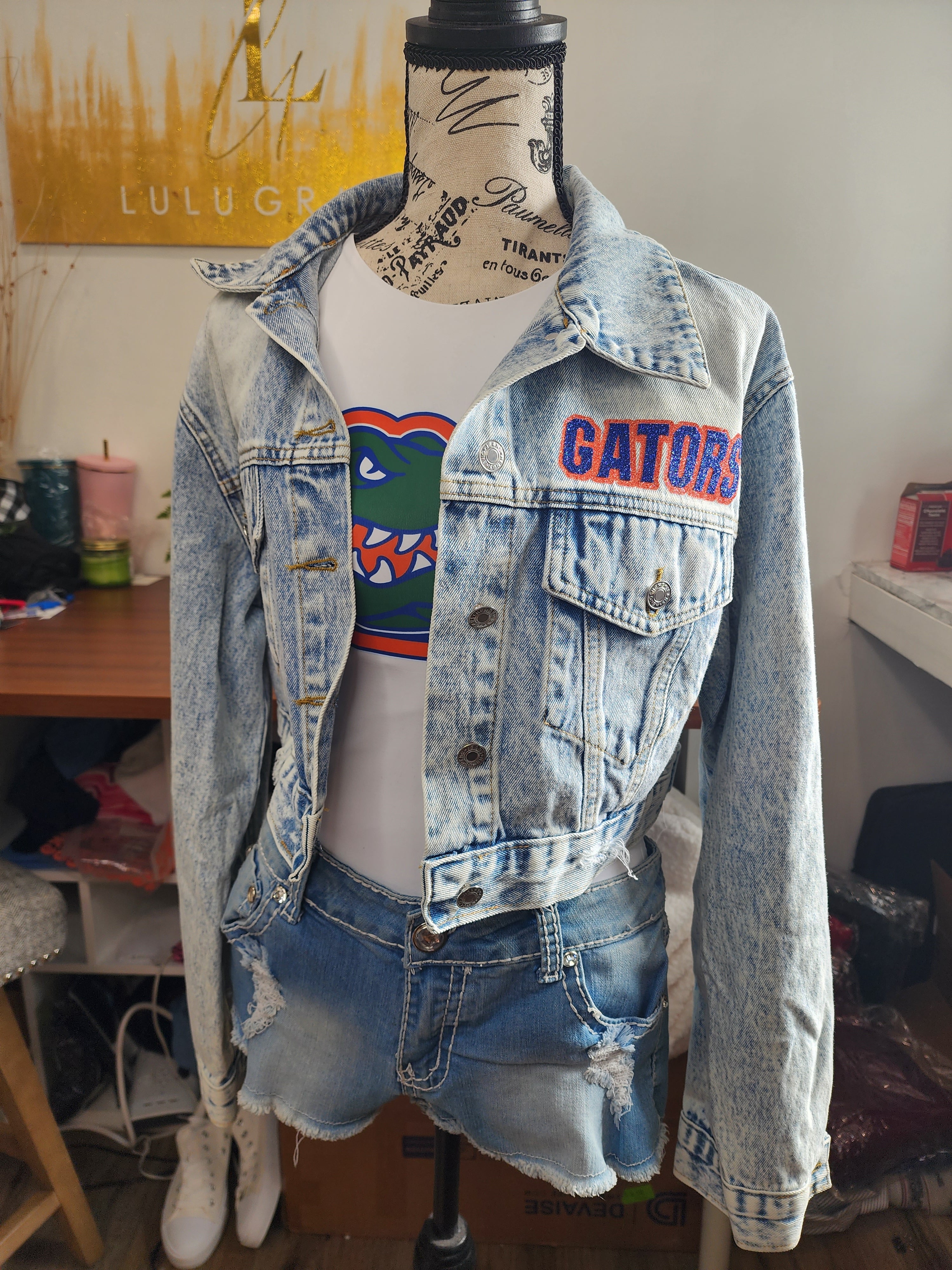 Florida Gators Glitter Flap Pocket Cropped Denim Jacket