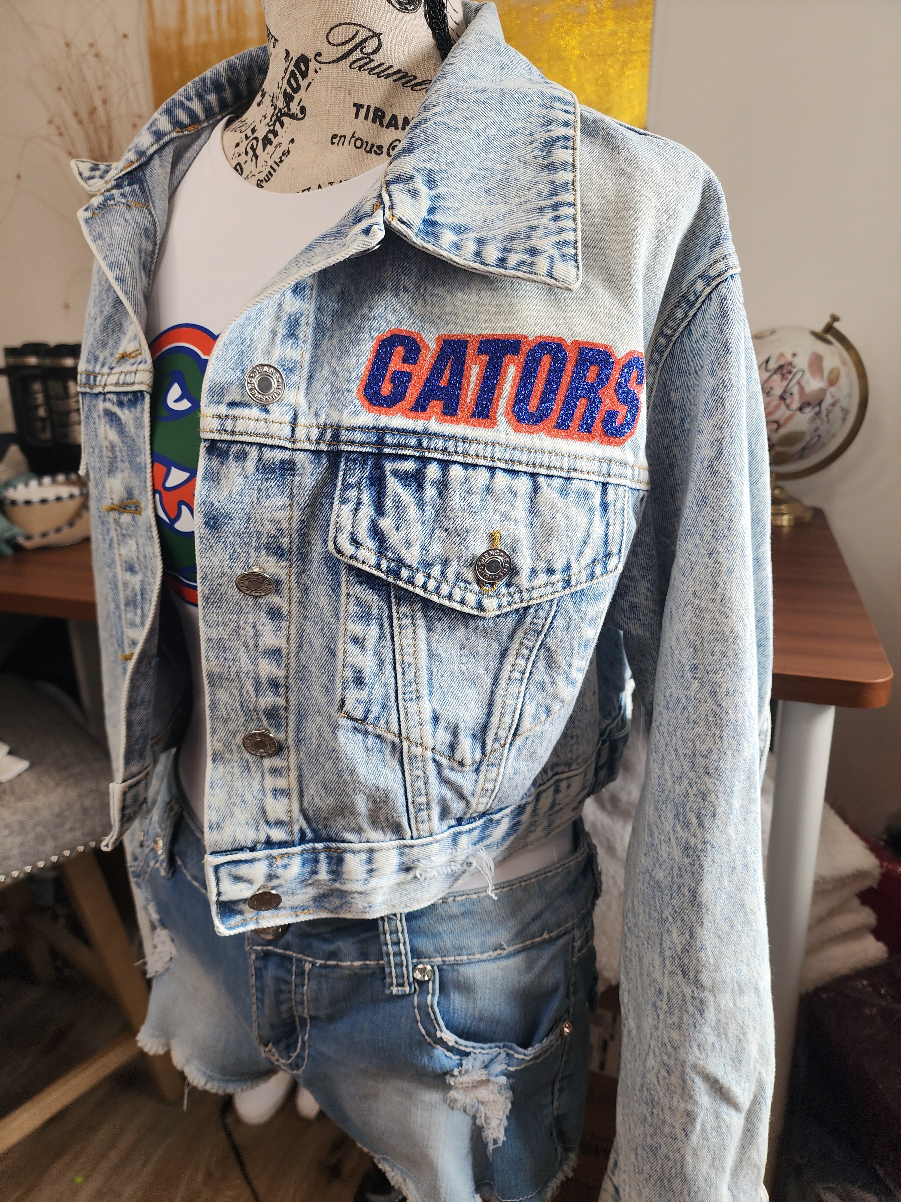 Florida Gators Glitter Flap Pocket Cropped Denim Jacket