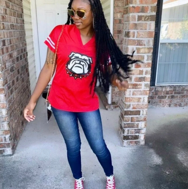 Red Georgia Bulldogs Glitter Football Shirt