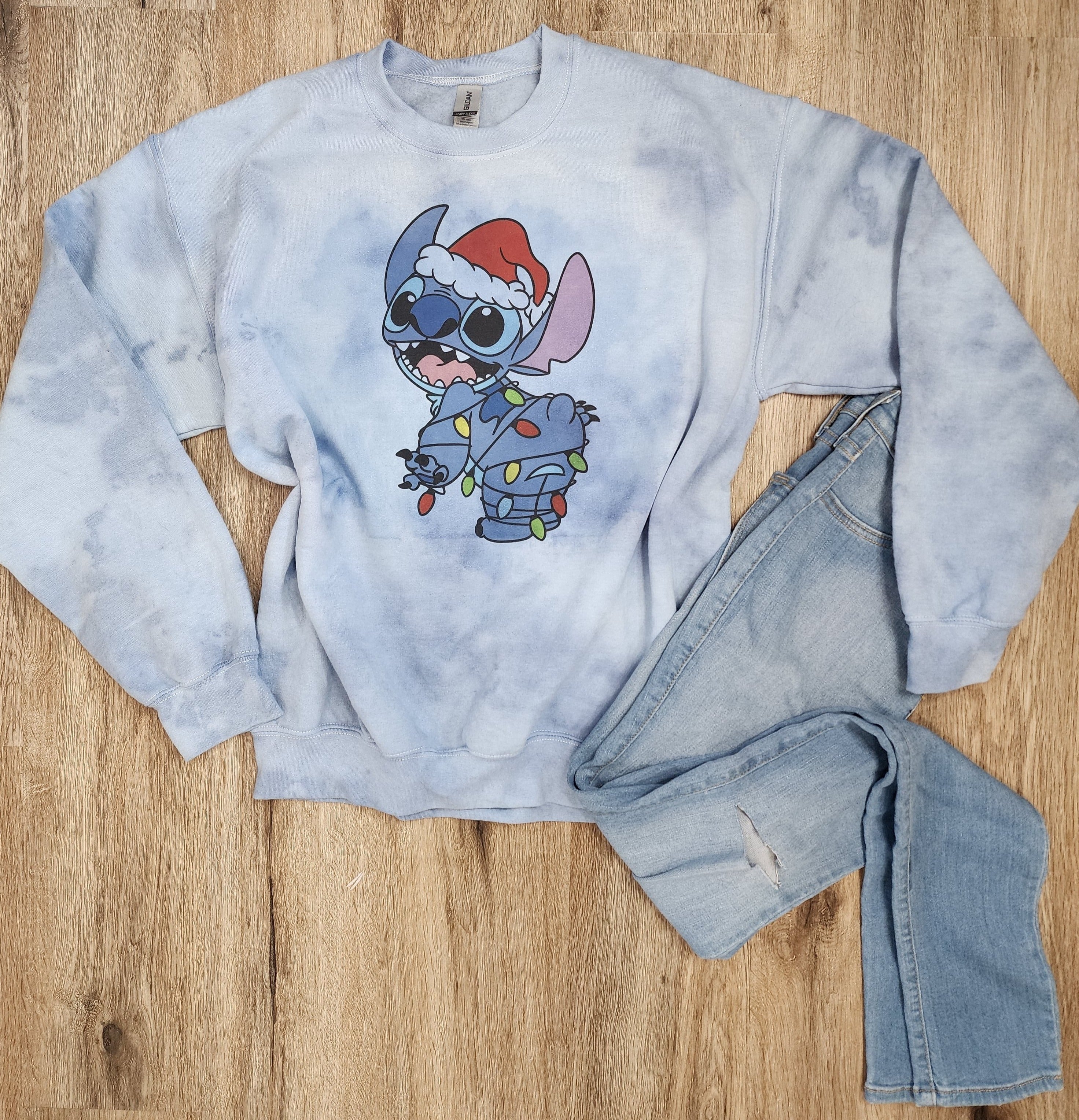Blue Stitch Tie-Dye Christmas Lights Tee