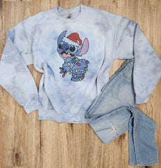 Blue Stitch Tie-Dye Christmas Lights Tee