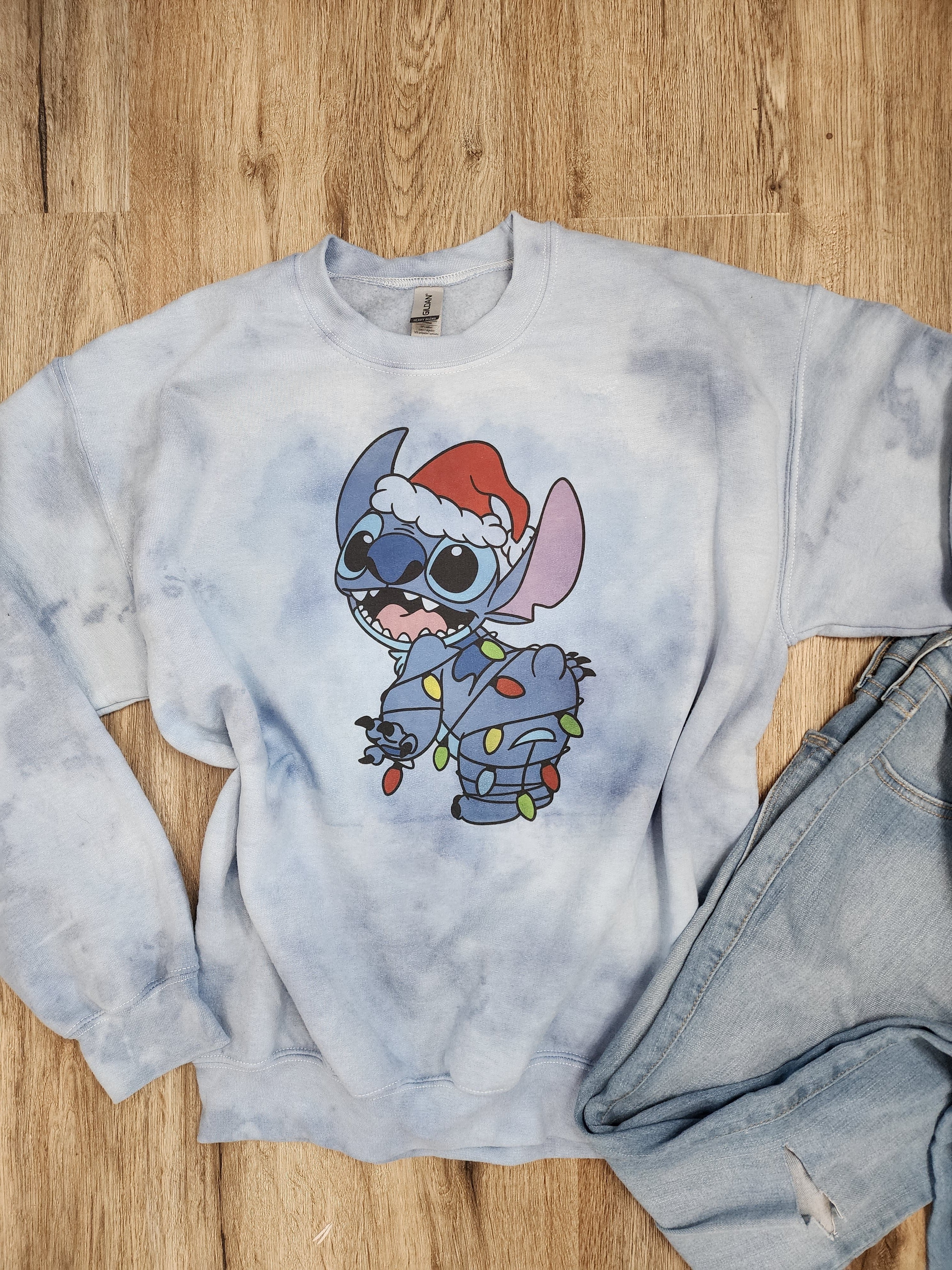Blue Stitch Tie-Dye Christmas Lights Tee