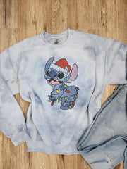 Blue Stitch Tie-Dye Christmas Lights Tee