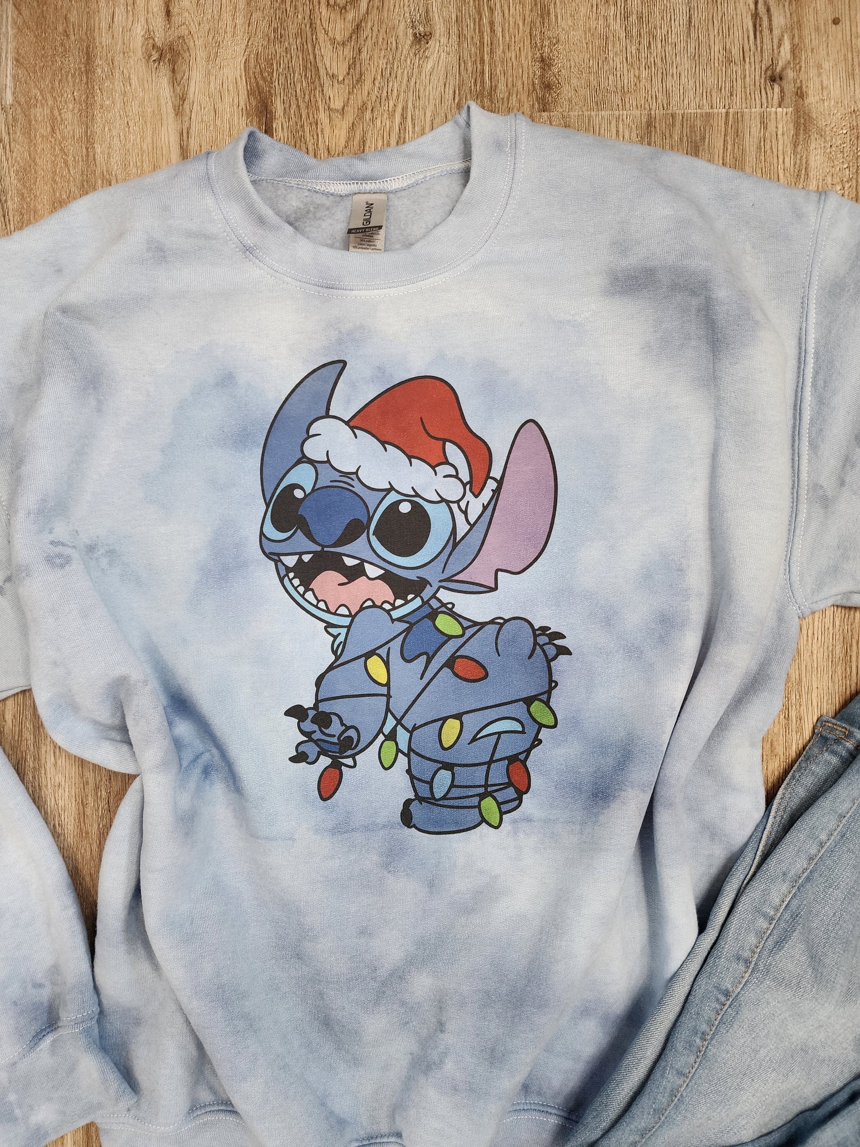 Blue Stitch Tie-Dye Christmas Lights Tee