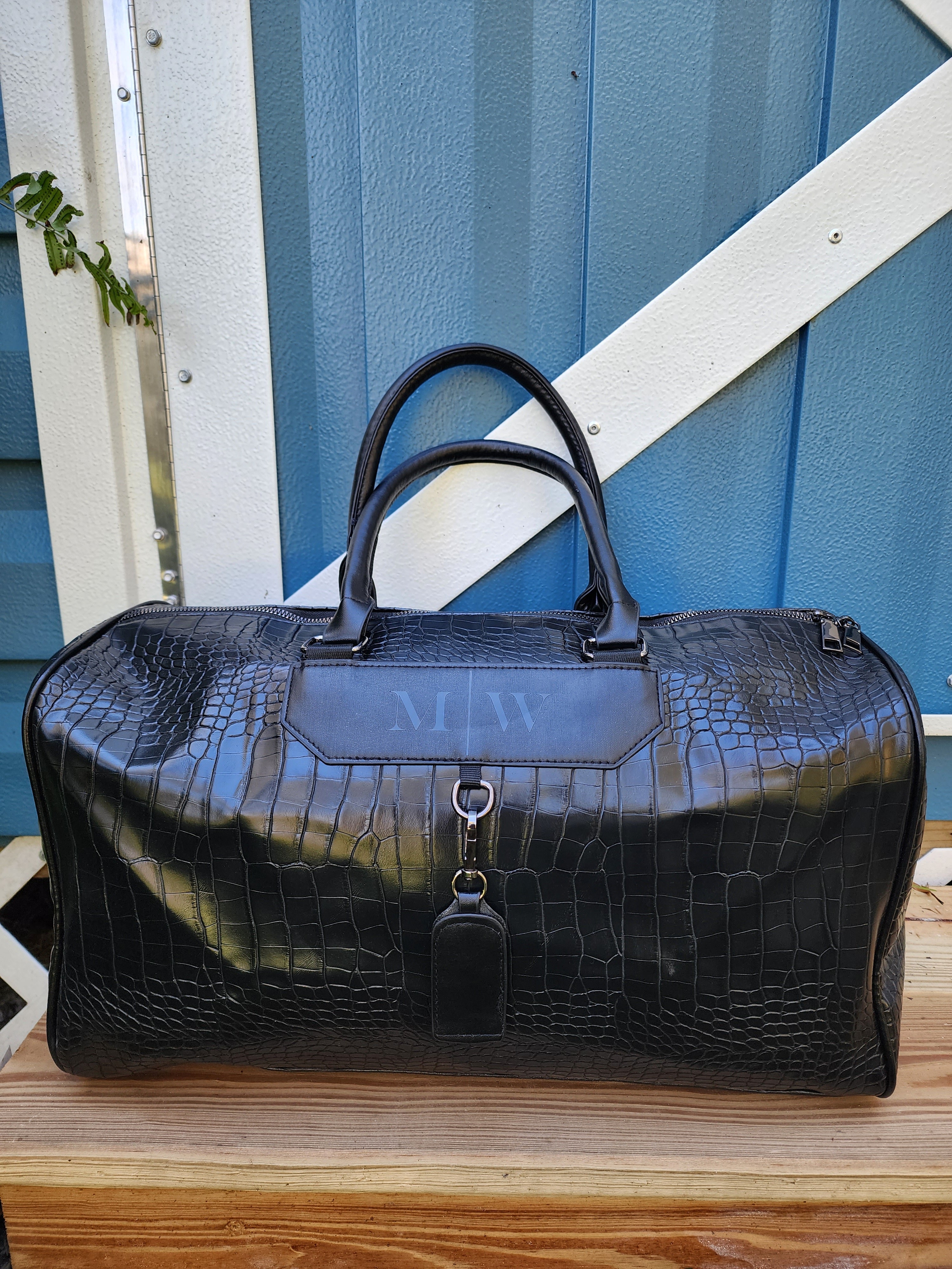 Monogrammed Crocodile Embossed Duffel Bag