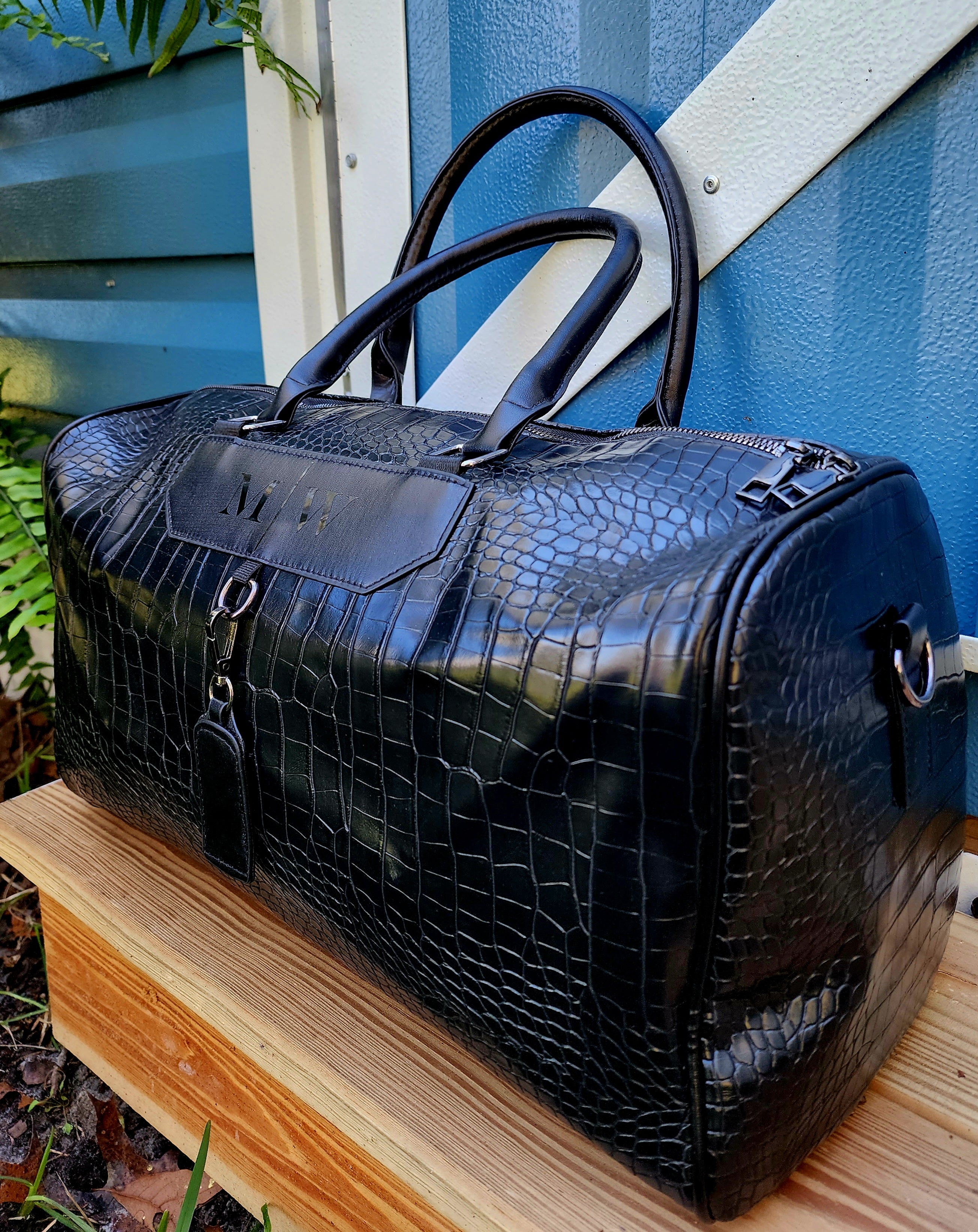 Monogrammed Crocodile Embossed Duffel Bag