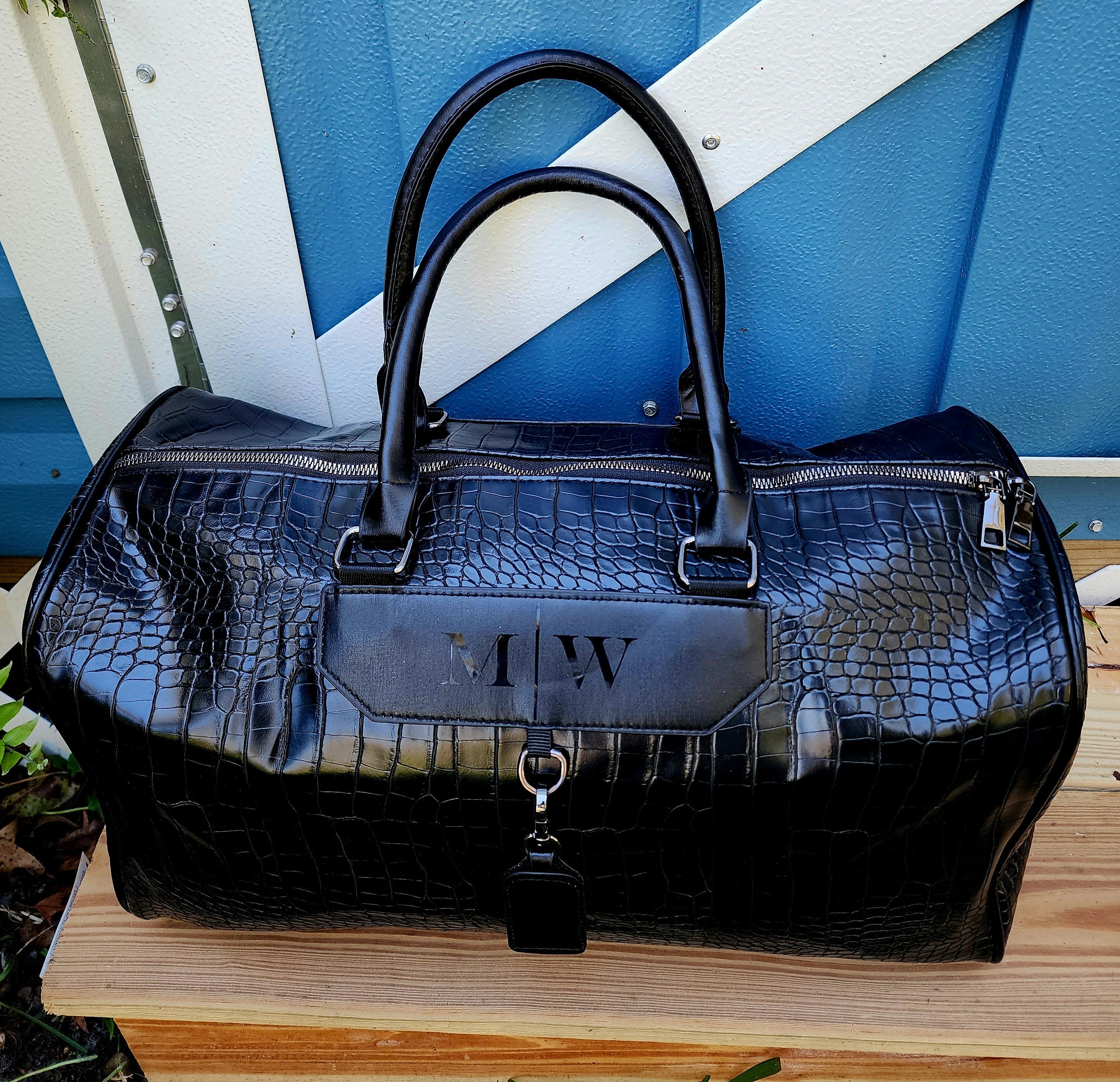 Monogrammed Crocodile Embossed Duffel Bag