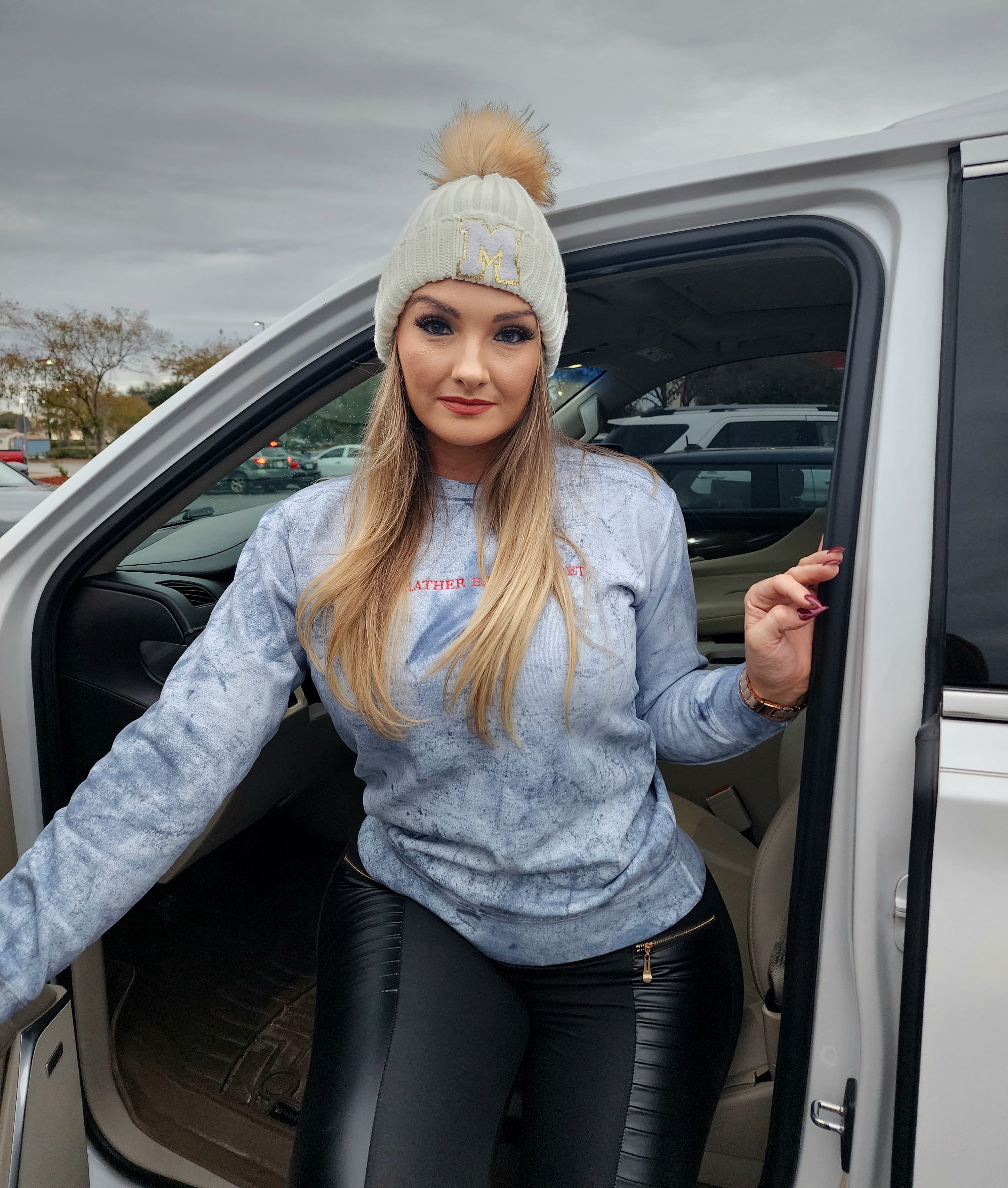 Shadow Block Monogrammed Beanie with Removable Faux Fur Pom