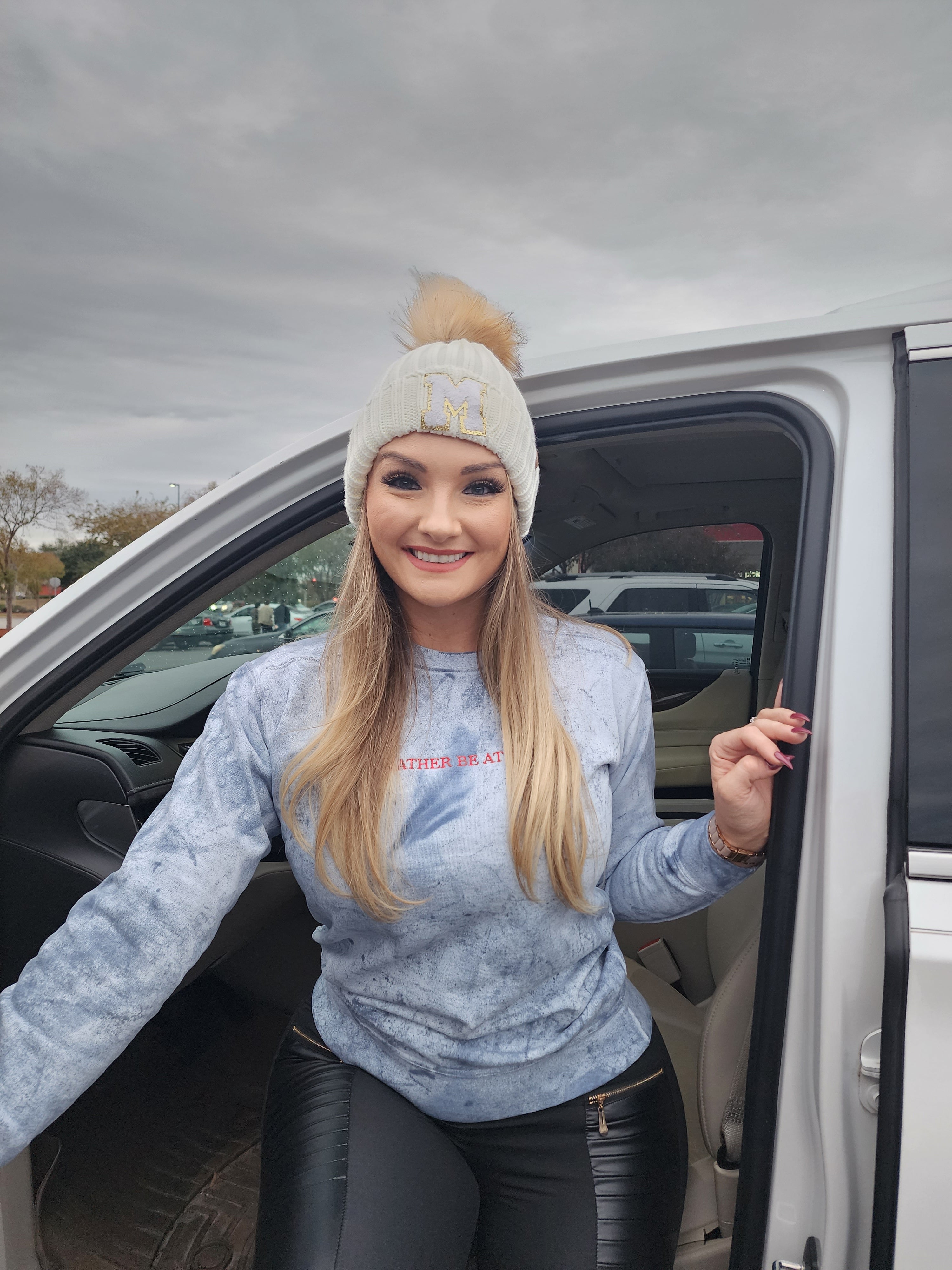 Shadow Block Monogrammed Beanie with Removable Faux Fur Pom
