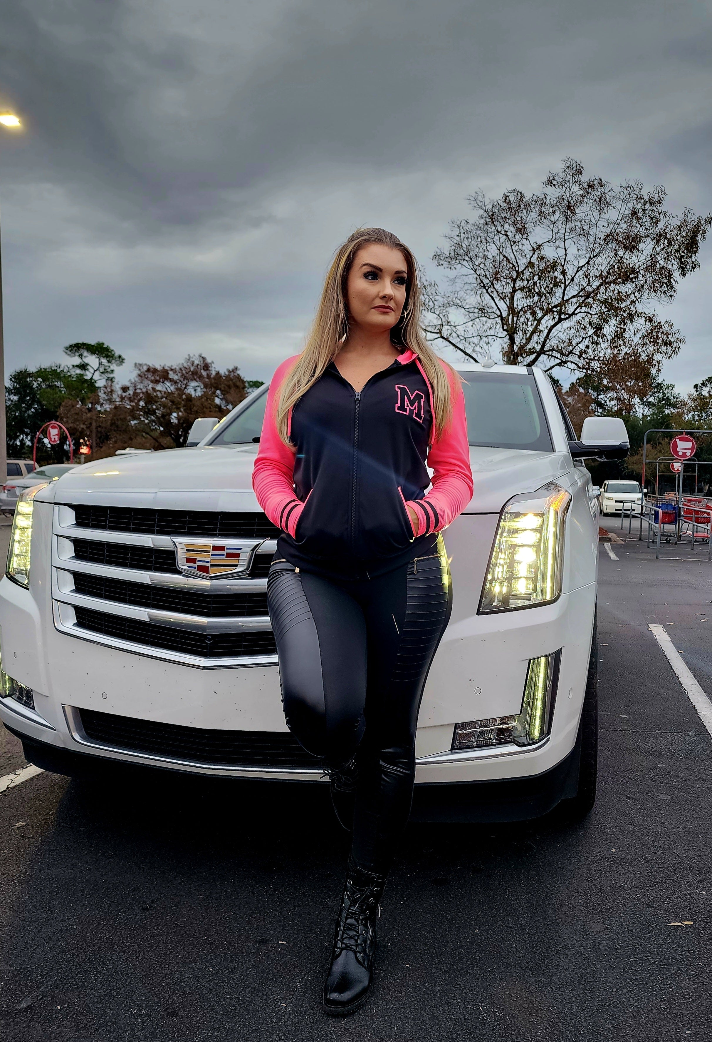 Customizable Hot Pink and Black Letterman Style Embroidered Jacket