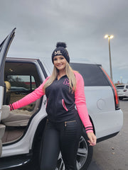 Shadow Block Monogrammed Beanie with Removable Faux Fur Pom