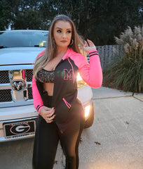 Customizable Hot Pink and Black Letterman Style Embroidered Jacket