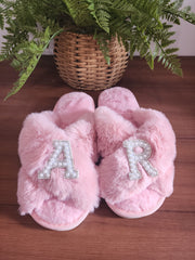 Women's Fuzzy Memory Foam Letter Patch Slippers