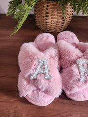 Women's Fuzzy Memory Foam Letter Patch Slippers
