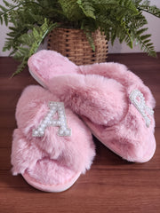 Women's Fuzzy Memory Foam Letter Patch Slippers