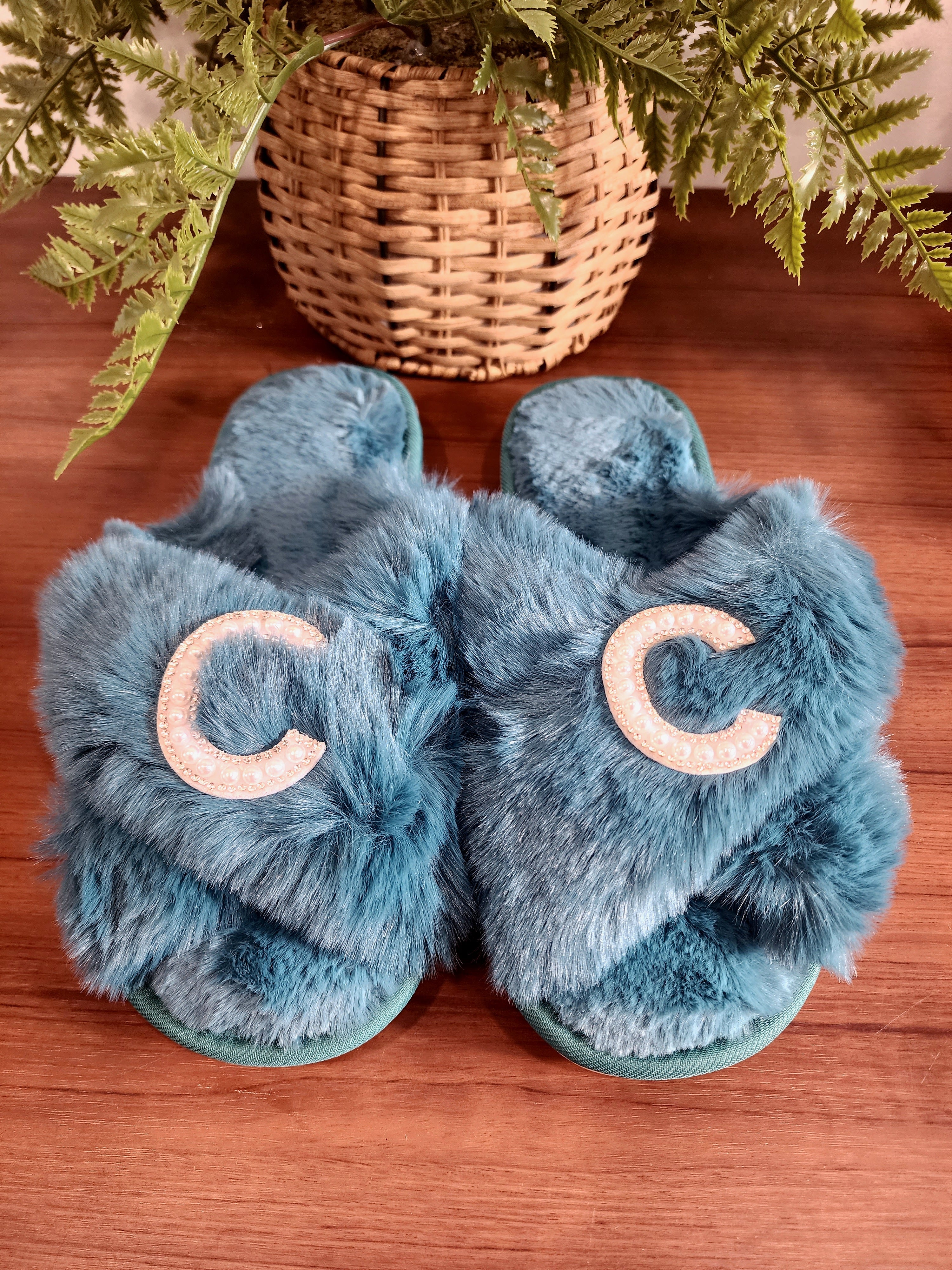 Women's Fuzzy Memory Foam Letter Patch Slippers