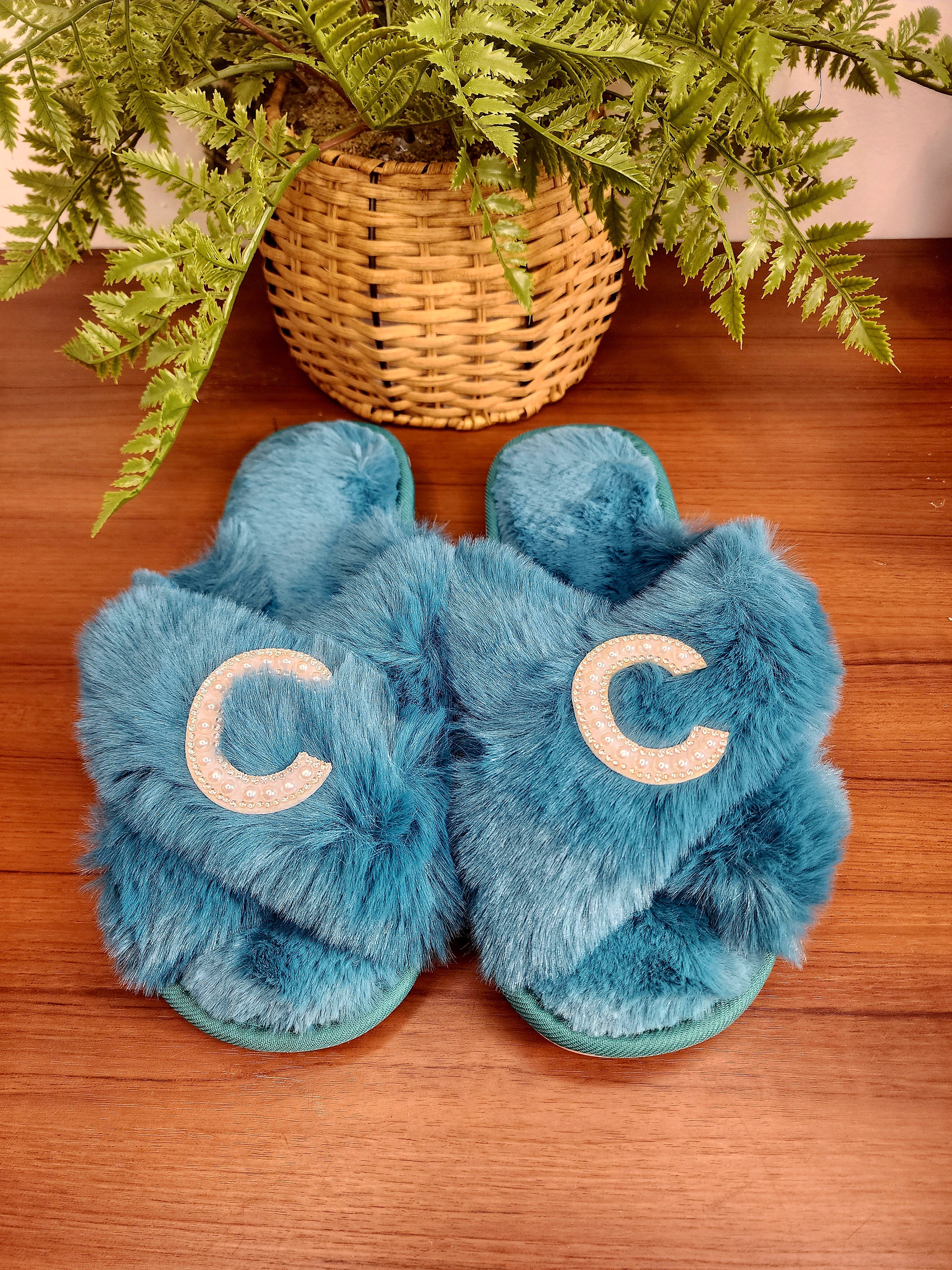Women's Fuzzy Memory Foam Letter Patch Slippers