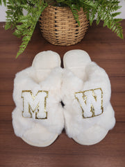 Women's Fuzzy Memory Foam Letter Patch Slippers