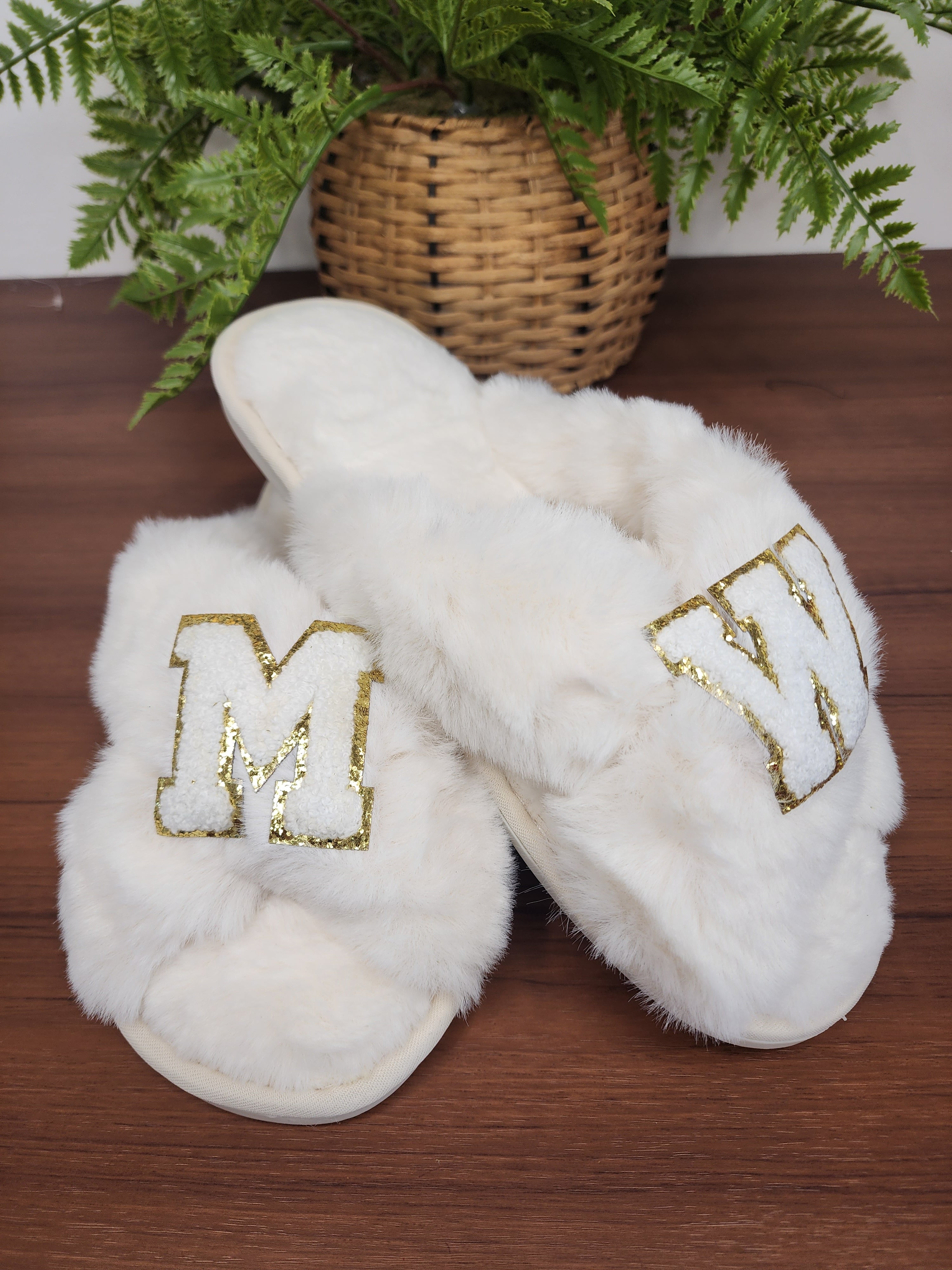 Women's Fuzzy Memory Foam Letter Patch Slippers