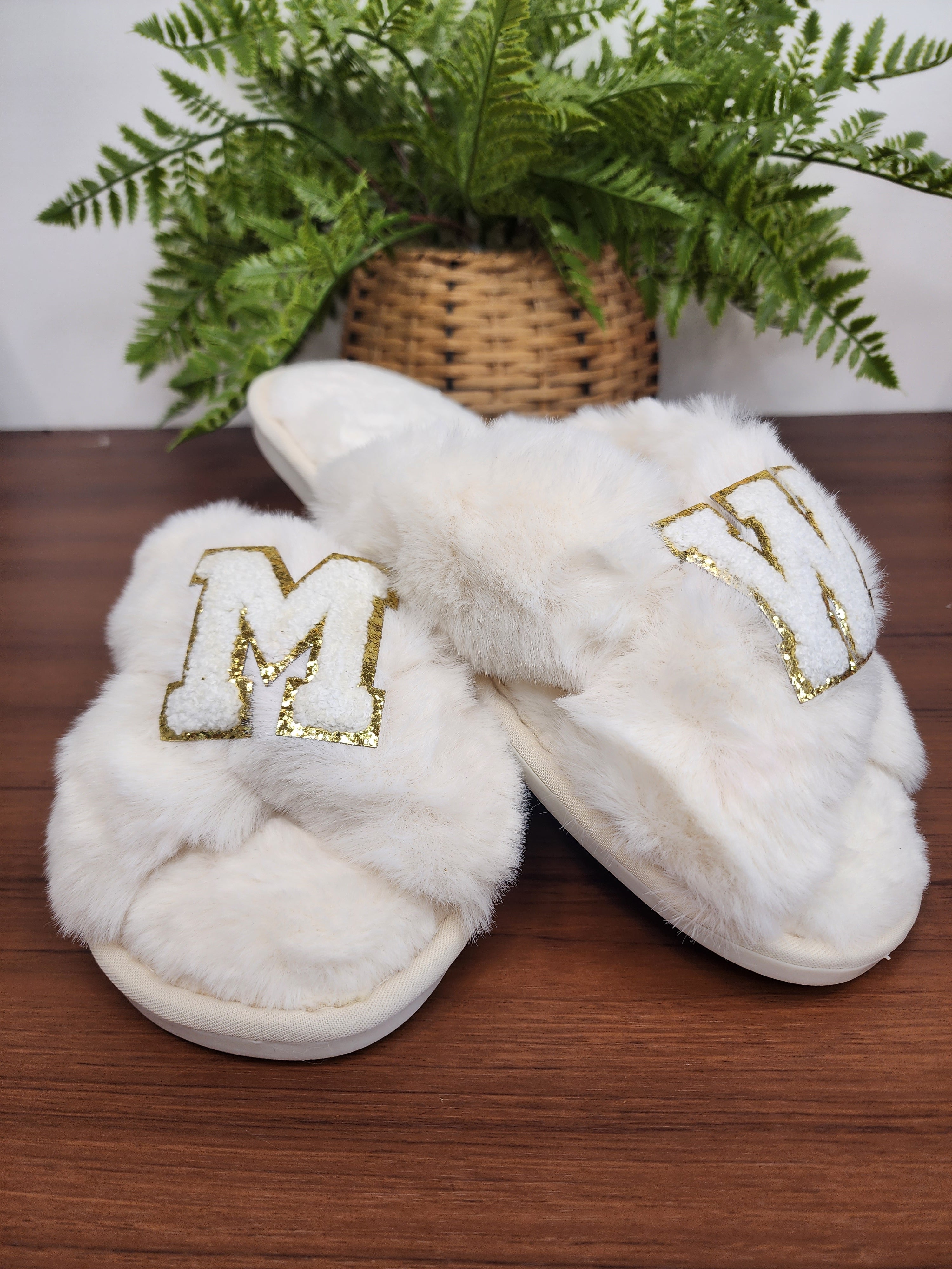 Women's Fuzzy Memory Foam Letter Patch Slippers