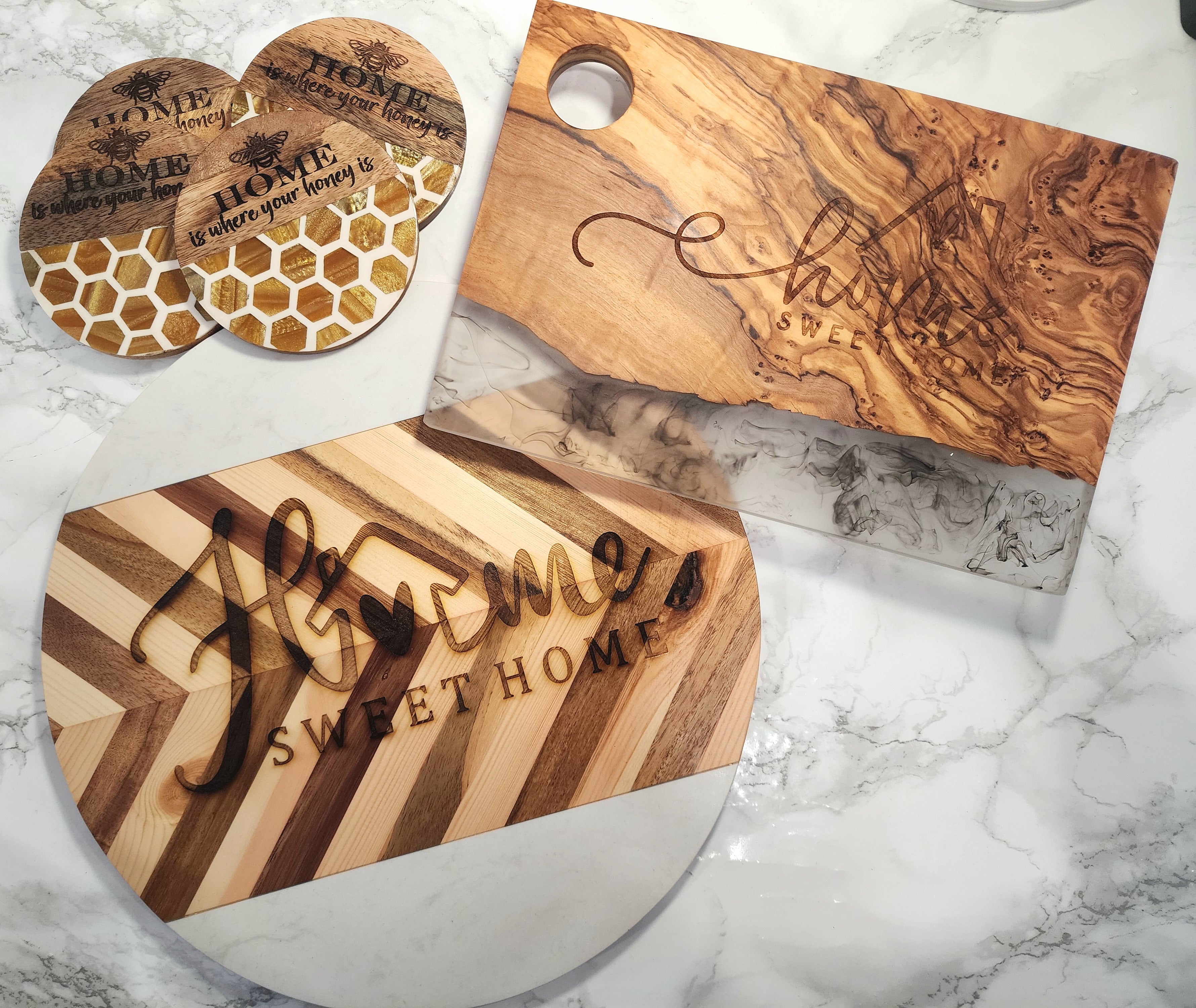 "Home Is Where Your Honey Is" Resin and Wood Coasters Set
