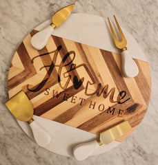 Home Sweet Home Marble and Acacia Wood Round Serving/Charcuterie Board