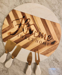 Home Sweet Home Marble and Acacia Wood Round Serving/Charcuterie Board