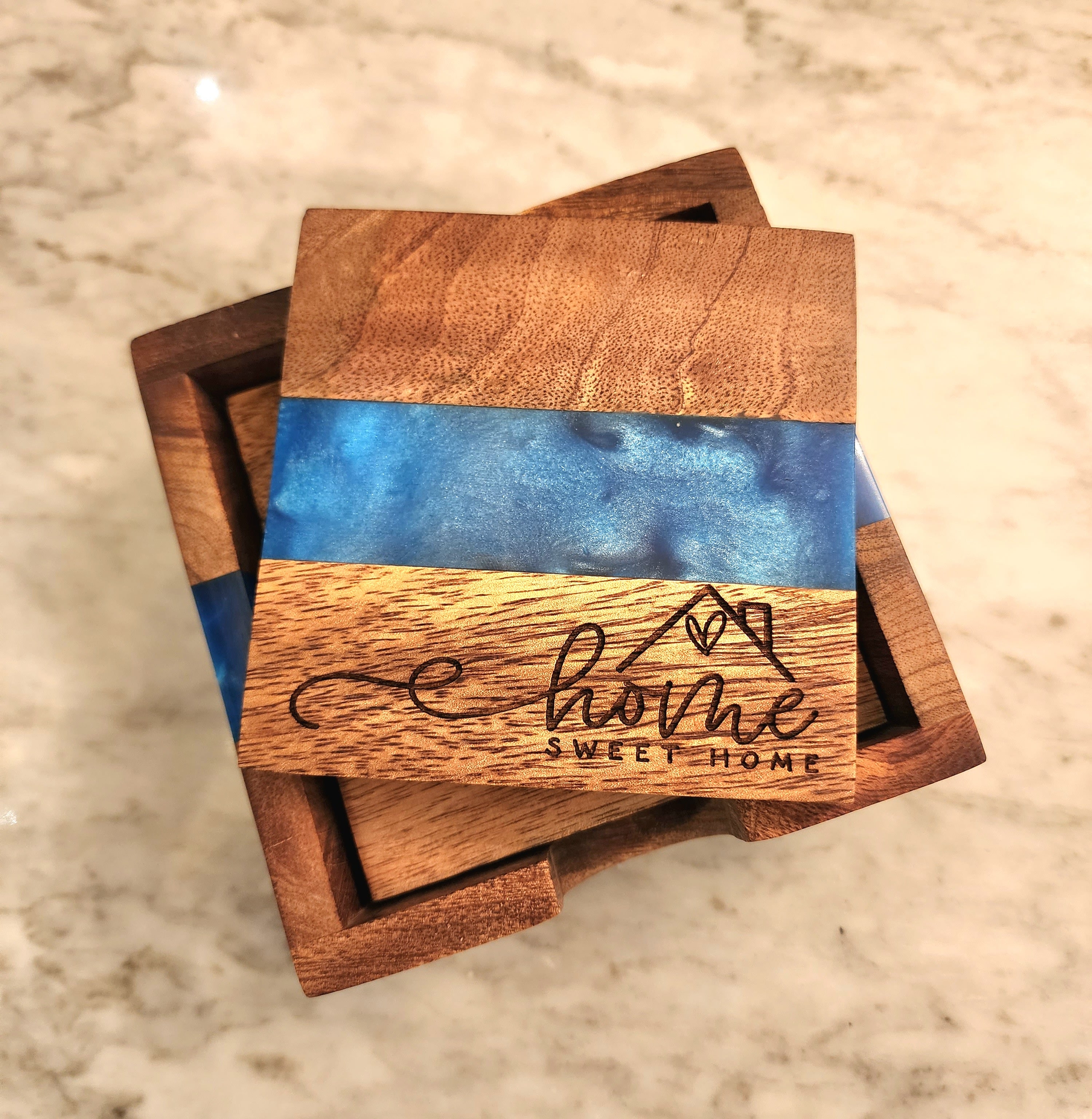 Home Sweet Home Ocean Blue Pearl Epoxy Coasters with Holder