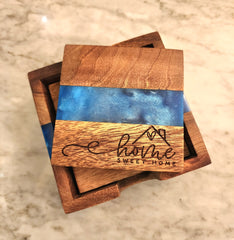 Home Sweet Home Ocean Blue Pearl Epoxy Coasters with Holder